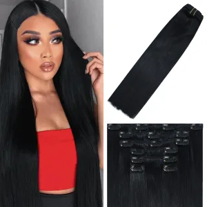 WindTouch Clip in Hair Extensions Real Human Hair #1 Jet Black Solid Black Hair Extensions Clip ins 12Inch 75g Straight Human Hair Clip in Extensions