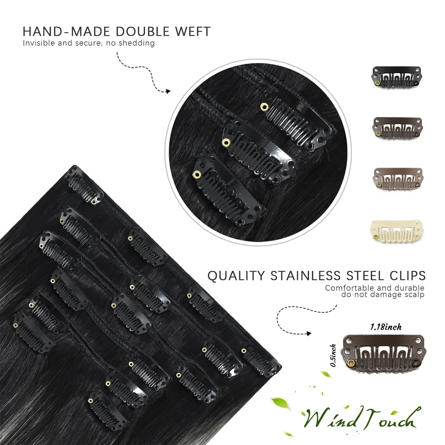 WindTouch Clip in Hair Extensions Real Human Hair 7pcs 75g pack 18inch Hair Extension Clip ins Natural Black Fading to Gray Hair Extensions Real Human Hair