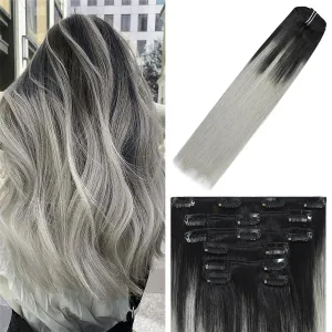 WindTouch Clip in Hair Extensions Real Human Hair 7pcs 75g pack 18inch Hair Extension Clip ins Natural Black Fading to Gray Hair Extensions Real Human Hair