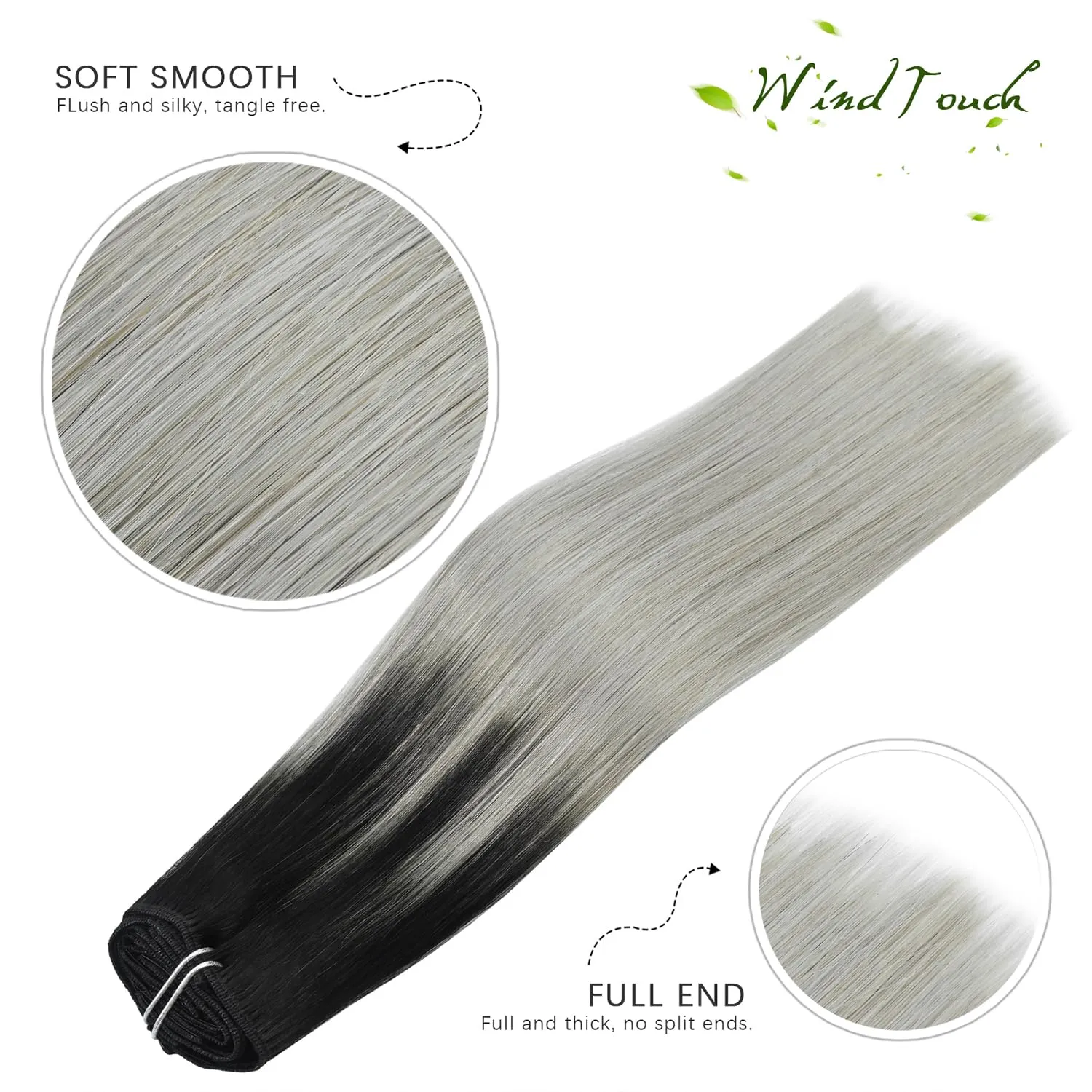 WindTouch Clip in Hair Extensions Real Human Hair 7pcs 75g pack 18inch Hair Extension Clip ins Natural Black Fading to Gray Hair Extensions Real Human Hair