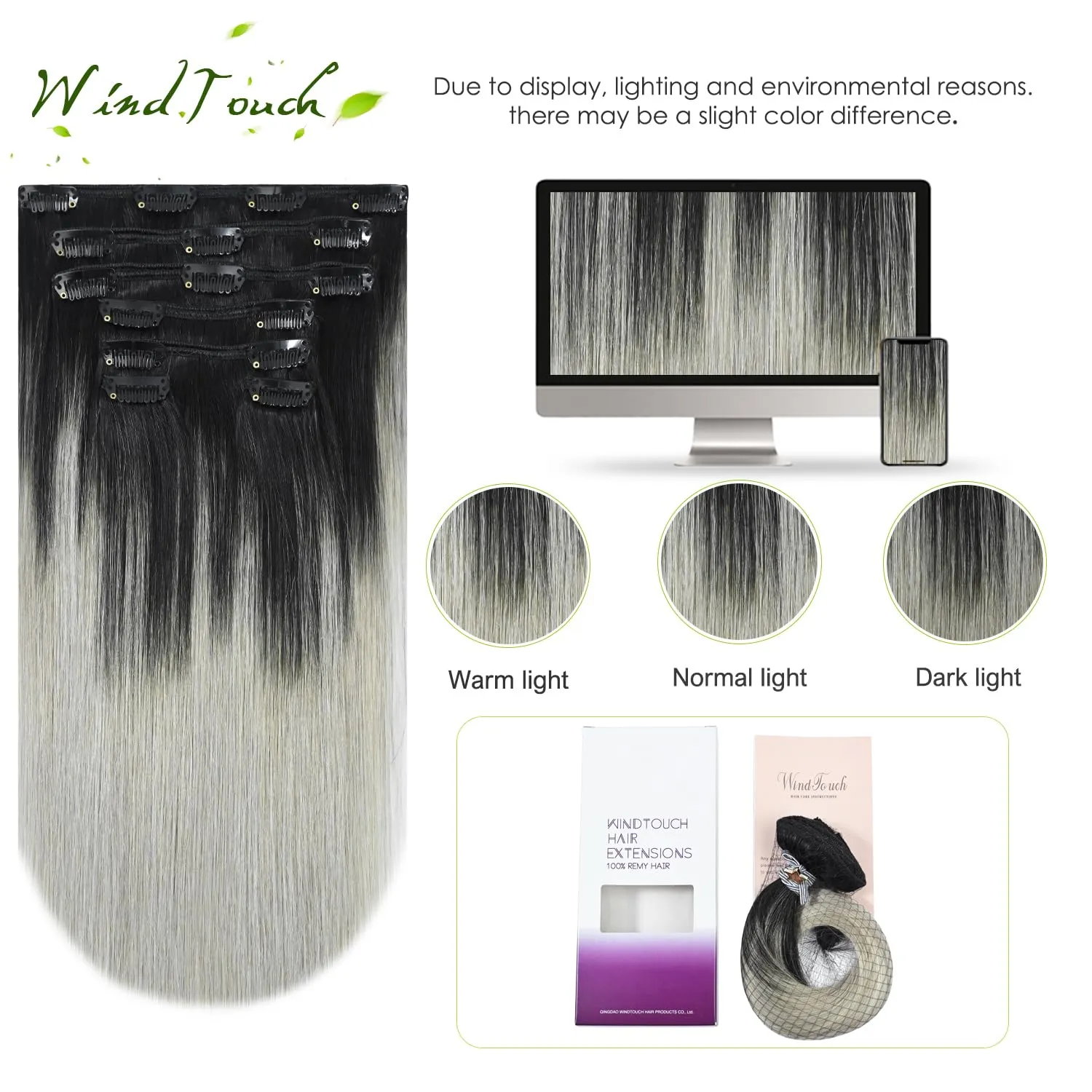 WindTouch Clip in Hair Extensions Real Human Hair 7pcs 75g pack 18inch Hair Extension Clip ins Natural Black Fading to Gray Hair Extensions Real Human Hair