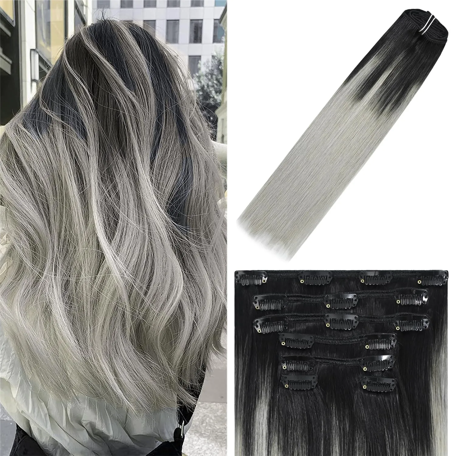 WindTouch Clip in Hair Extensions Real Human Hair 7pcs 75g pack 18inch Hair Extension Clip ins Natural Black Fading to Gray Hair Extensions Real Human Hair