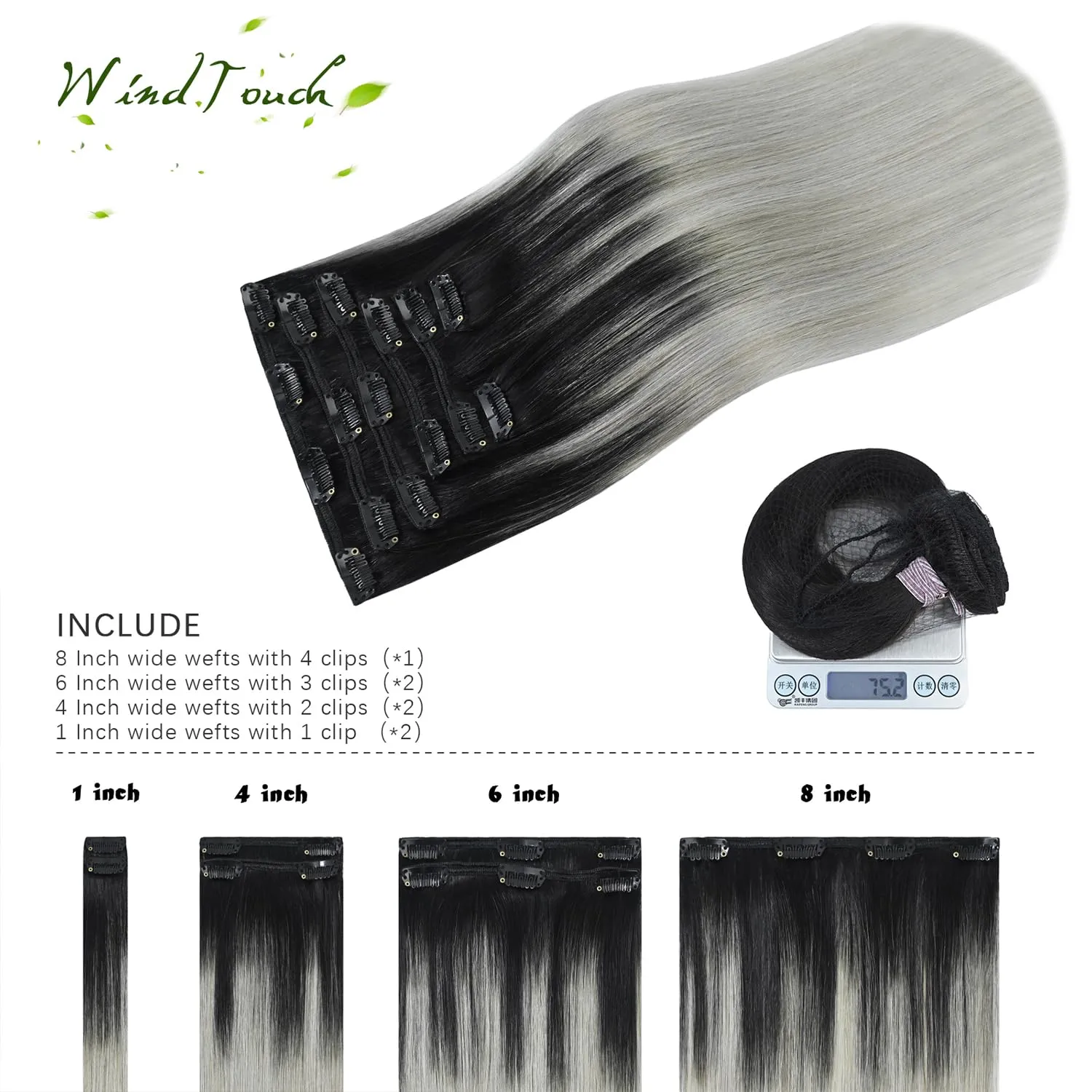 WindTouch Clip in Hair Extensions Real Human Hair 7pcs 75g pack 18inch Hair Extension Clip ins Natural Black Fading to Gray Hair Extensions Real Human Hair