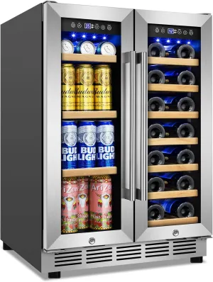 Wine and Beverage Refrigerator, 24 Inch Beverage Cooler Dual Zone with Glass Door, Built-in/Freestanding Beverage Fridge with Upgraded 20 Bottles and 60 Cans Large Capacity