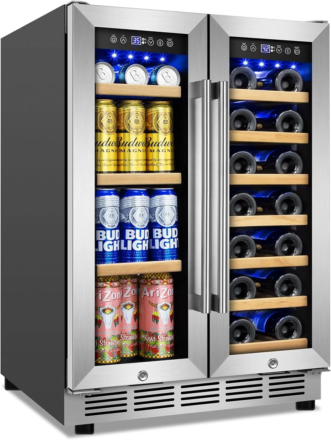 Wine and Beverage Refrigerator, 24 Inch Beverage Cooler Dual Zone with Glass Door, Built-in/Freestanding Beverage Fridge with Upgraded 20 Bottles and 60 Cans Large Capacity