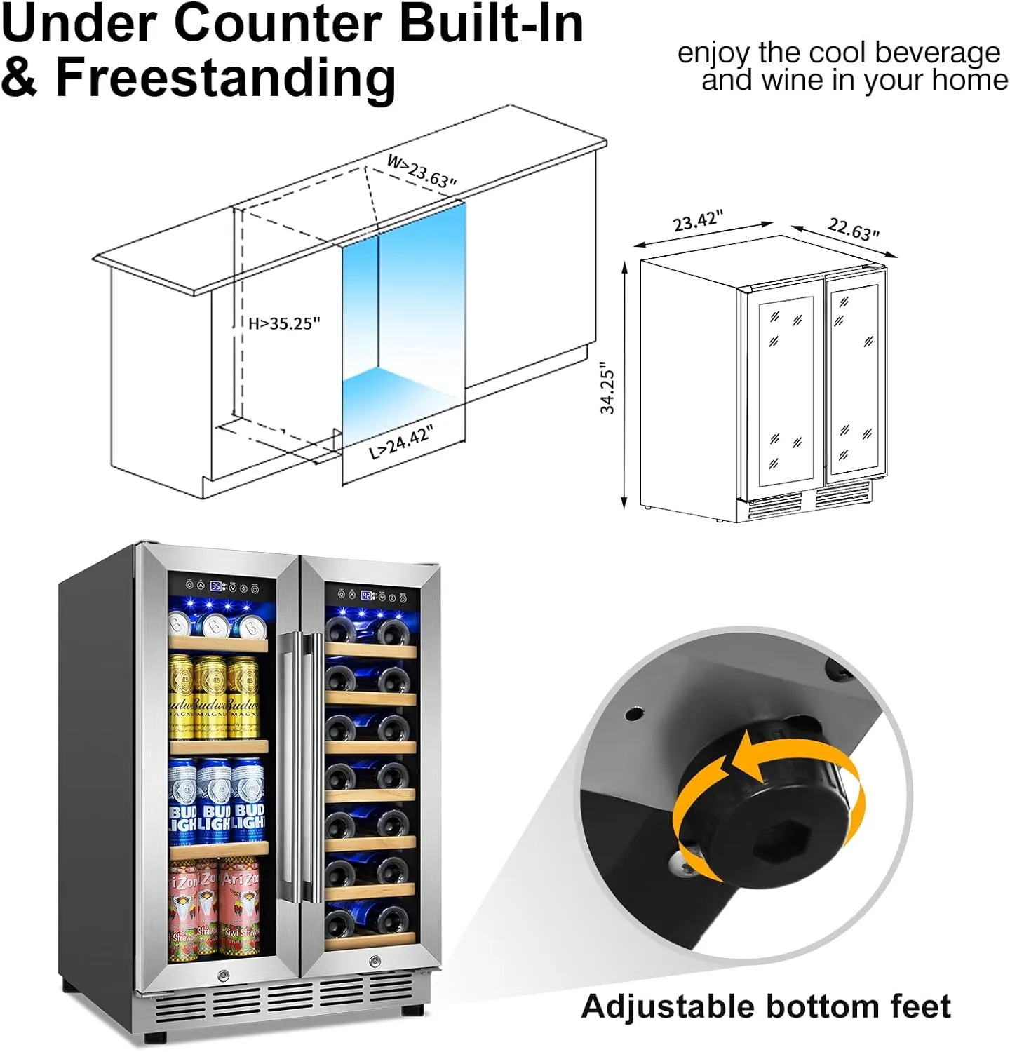 Wine and Beverage Refrigerator, 24 Inch Beverage Cooler Dual Zone with Glass Door, Built-in/Freestanding Beverage Fridge with Upgraded 20 Bottles and 60 Cans Large Capacity