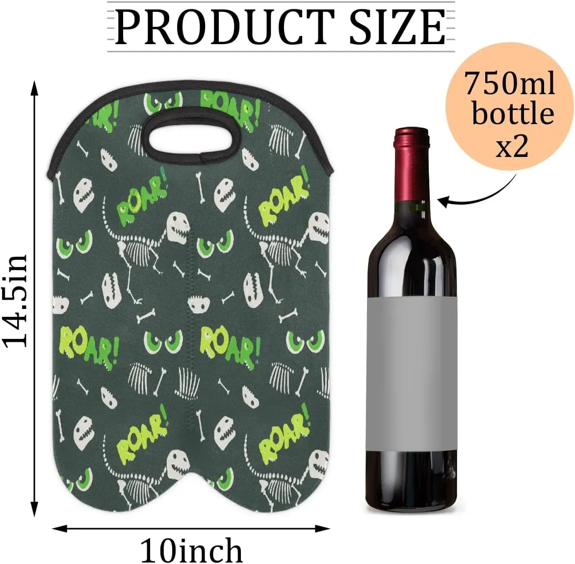 Wine Carrier Tote Bag for 2 Bottles Roar Dinosaur Bone Insulated Wine Cooler Bag Neoprene Wine Holder Tote Hand Bag with Carry Handle Leakproof Housewarming Wine Protective Bag