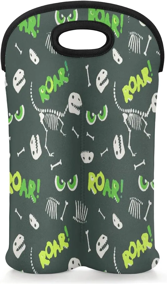 Wine Carrier Tote Bag for 2 Bottles Roar Dinosaur Bone Insulated Wine Cooler Bag Neoprene Wine Holder Tote Hand Bag with Carry Handle Leakproof Housewarming Wine Protective Bag