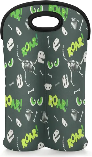 Wine Carrier Tote Bag for 2 Bottles Roar Dinosaur Bone Insulated Wine Cooler Bag Neoprene Wine Holder Tote Hand Bag with Carry Handle Leakproof Housewarming Wine Protective Bag
