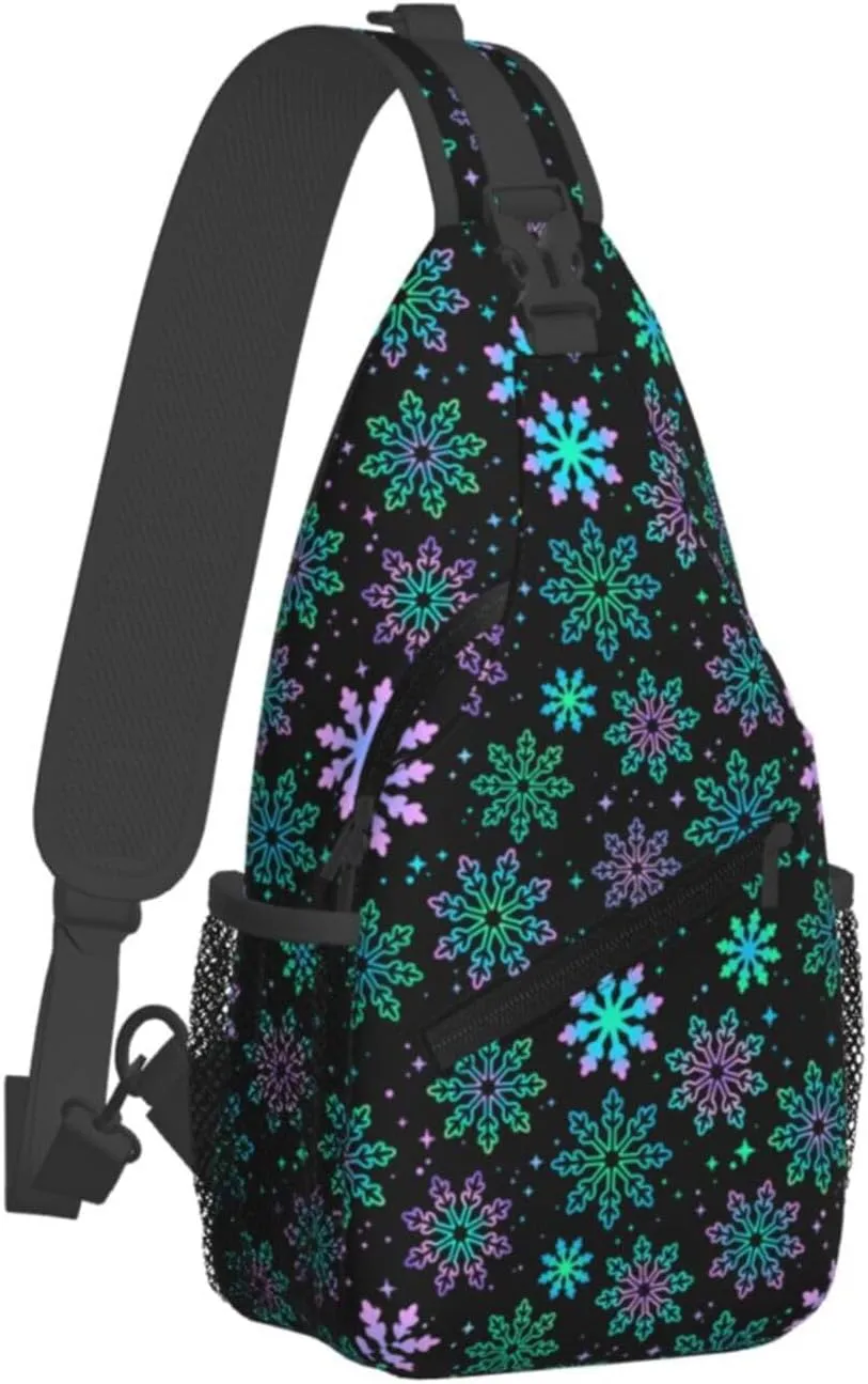 Winter Purple Green Gradient Bright Snowflakes Cross Chest Bag Diagonally Hiking Crossbody Bag Travel Shoulder Daypack Lightweight Sling Backpack Cycling Daypacks Fitness Chest Backpacks