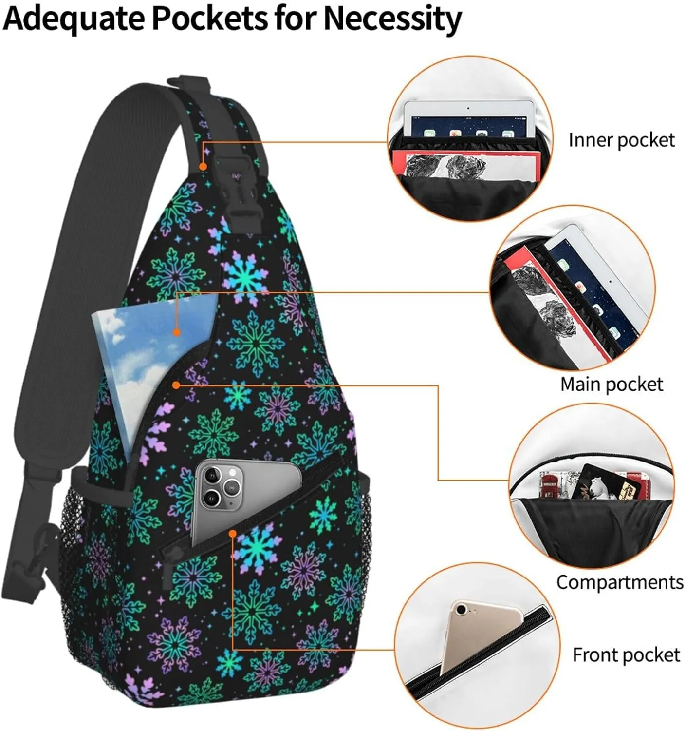 Winter Purple Green Gradient Bright Snowflakes Cross Chest Bag Diagonally Hiking Crossbody Bag Travel Shoulder Daypack Lightweight Sling Backpack Cycling Daypacks Fitness Chest Backpacks