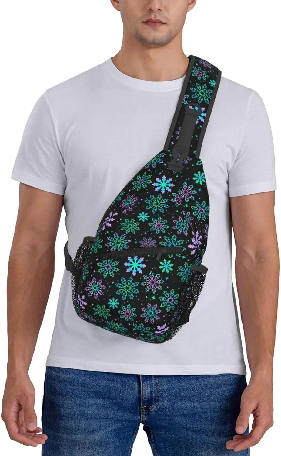 Winter Purple Green Gradient Bright Snowflakes Cross Chest Bag Diagonally Hiking Crossbody Bag Travel Shoulder Daypack Lightweight Sling Backpack Cycling Daypacks Fitness Chest Backpacks