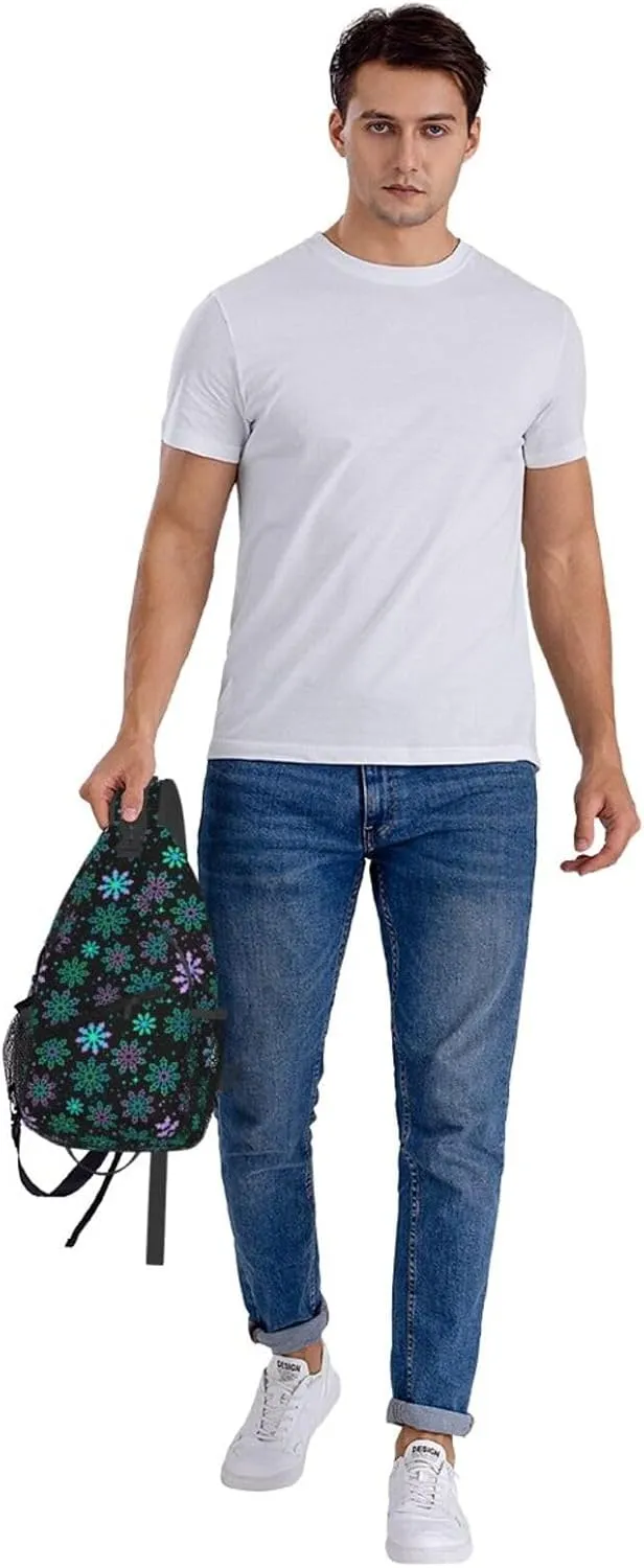 Winter Purple Green Gradient Bright Snowflakes Cross Chest Bag Diagonally Hiking Crossbody Bag Travel Shoulder Daypack Lightweight Sling Backpack Cycling Daypacks Fitness Chest Backpacks