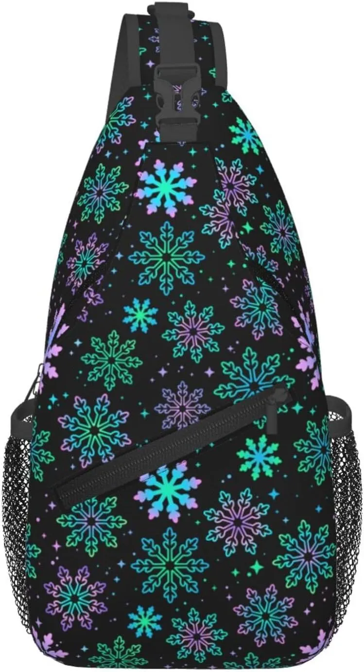 Winter Purple Green Gradient Bright Snowflakes Cross Chest Bag Diagonally Hiking Crossbody Bag Travel Shoulder Daypack Lightweight Sling Backpack Cycling Daypacks Fitness Chest Backpacks
