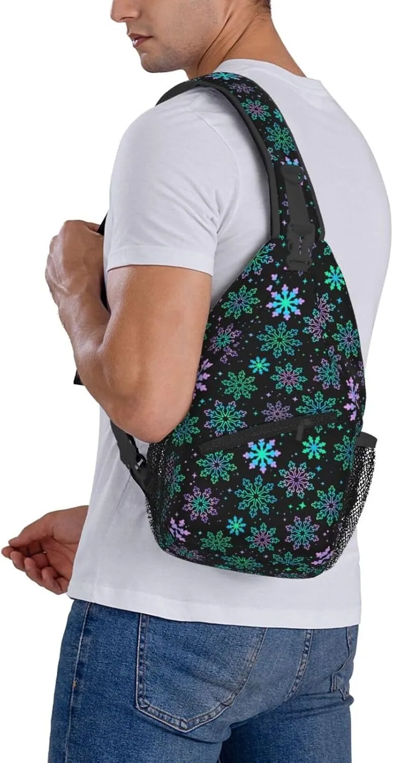 Winter Purple Green Gradient Bright Snowflakes Cross Chest Bag Diagonally Hiking Crossbody Bag Travel Shoulder Daypack Lightweight Sling Backpack Cycling Daypacks Fitness Chest Backpacks
