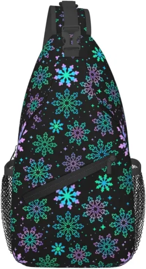 Winter Purple Green Gradient Bright Snowflakes Cross Chest Bag Diagonally Hiking Crossbody Bag Travel Shoulder Daypack Lightweight Sling Backpack Cycling Daypacks Fitness Chest Backpacks