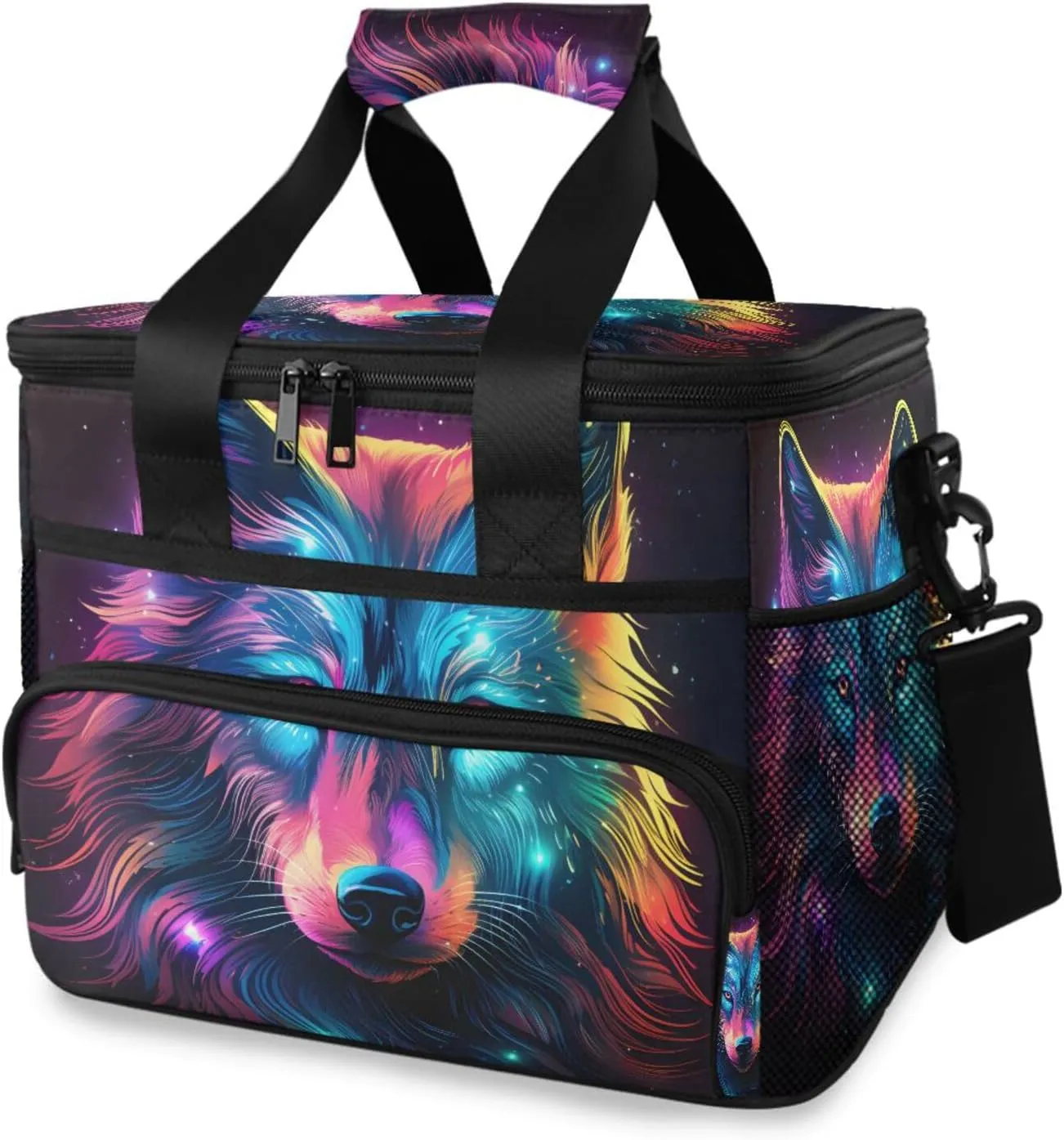 Wolf Rainbow Wolves Galaxy Cooler Bag Insulated Cooler Soft Sided Cooler 24 Can Portable Picnic Bag Large Leakproof Lunch Bag Box for Beach Grocery Camping Travel Car Men Women