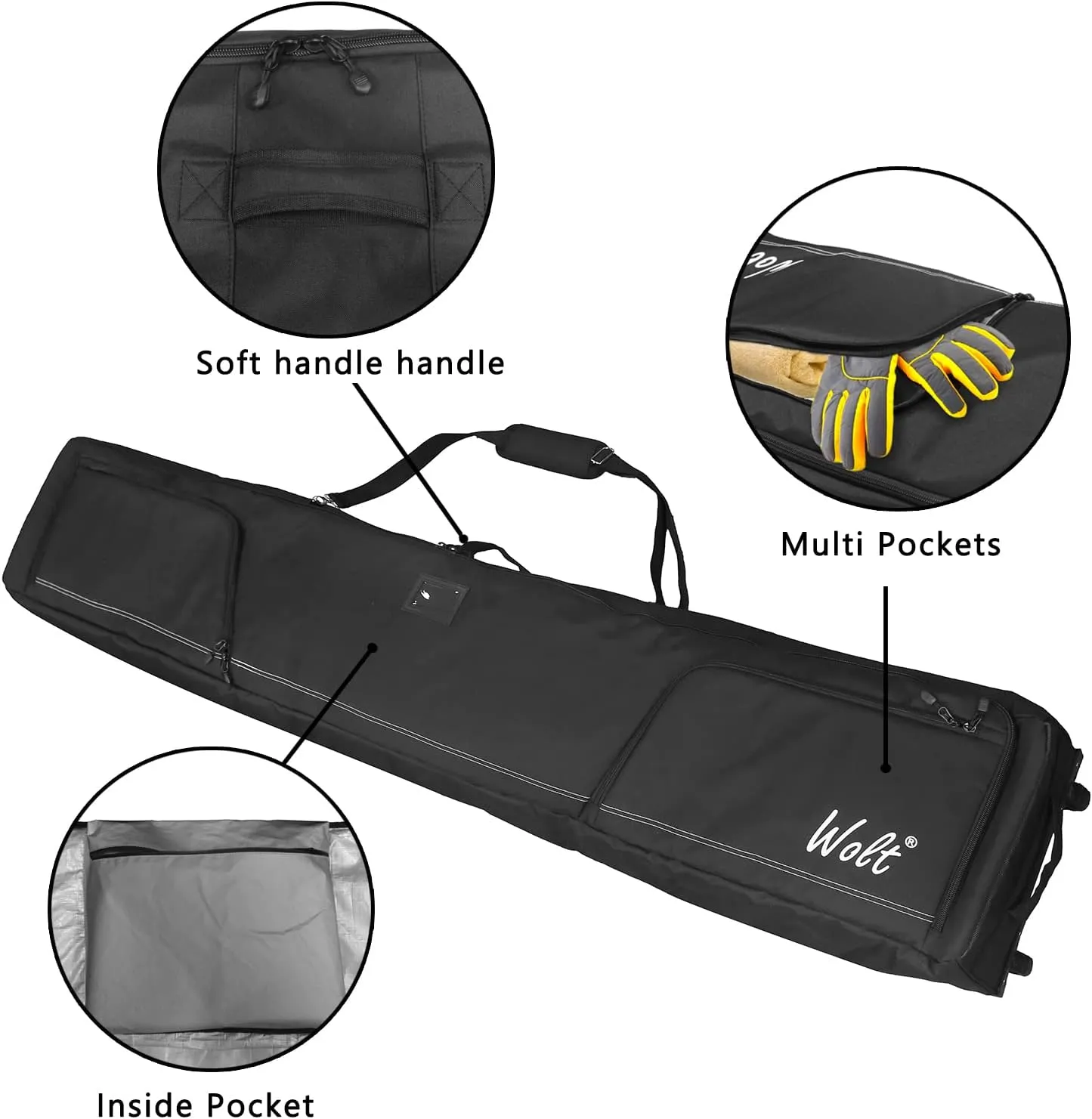 WOLT Rolling Ski Bag - Padded Snowboard Bag Carrier with Wheels for Air Travel, fit to Double Pairs of Skis up to 175 or 190 cm