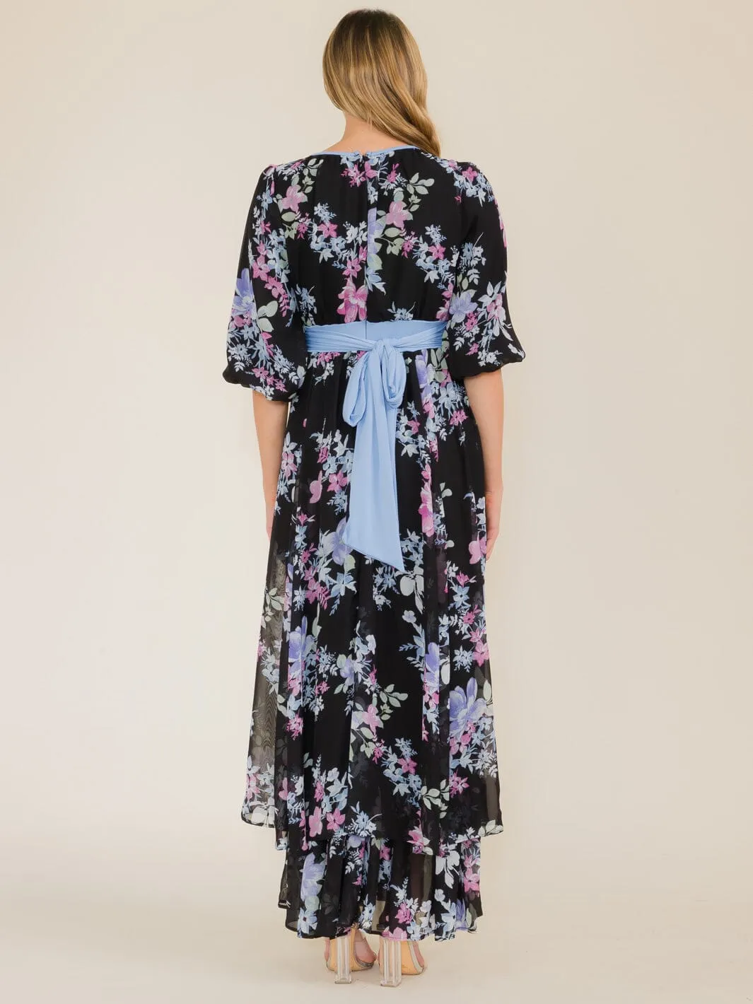 WOMEN'S 3/4 SLEEVE FLOWER PRINT SELF TIE MAXI DRESS