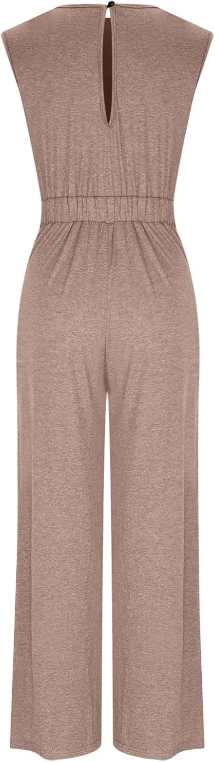 Women's High Waisted Jumpsuits Casual Round Sleeve Beach Jogger Long Pants Rompers Comfy One-Piece Wide Leg Tracksuit