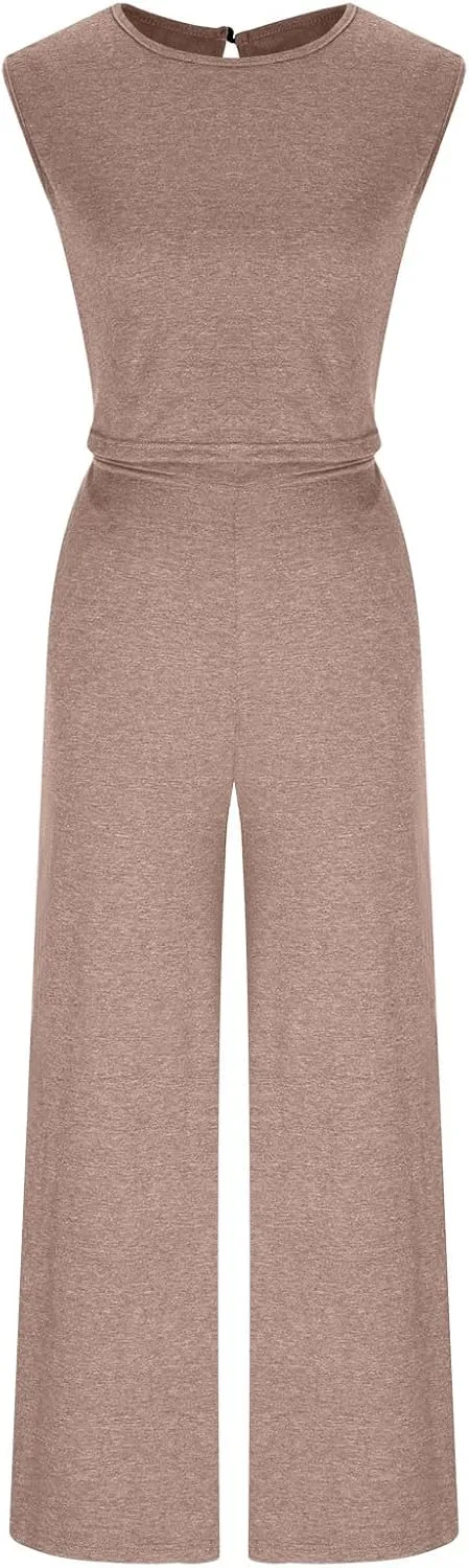 Women's High Waisted Jumpsuits Casual Round Sleeve Beach Jogger Long Pants Rompers Comfy One-Piece Wide Leg Tracksuit