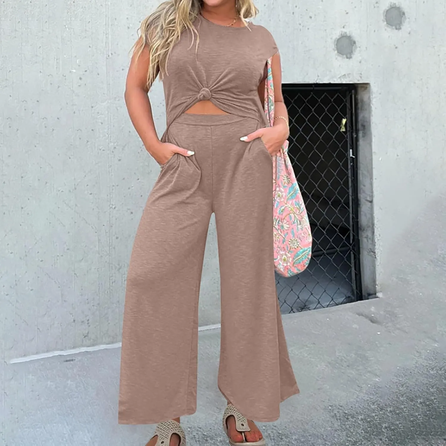 Women's High Waisted Jumpsuits Casual Round Sleeve Beach Jogger Long Pants Rompers Comfy One-Piece Wide Leg Tracksuit