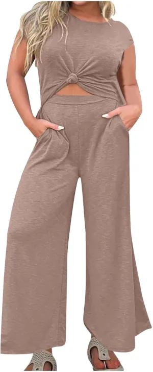 Women's High Waisted Jumpsuits Casual Round Sleeve Beach Jogger Long Pants Rompers Comfy One-Piece Wide Leg Tracksuit