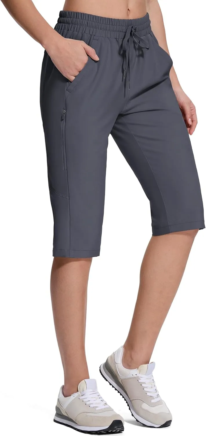 Women's Hiking Golf Shorts with Pockets 15" Knee Length Quick Dry Stretch Shorts Elastic Waist Lightweight Walking