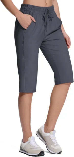 Women's Hiking Golf Shorts with Pockets 15" Knee Length Quick Dry Stretch Shorts Elastic Waist Lightweight Walking