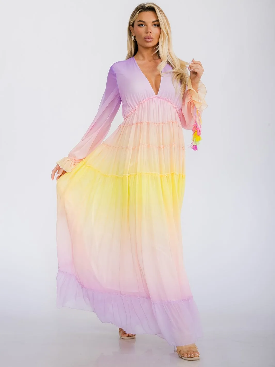 WOMEN'S LONG SLEEVE V-NECK COLORBLOCK TIERED MAXI DRESS