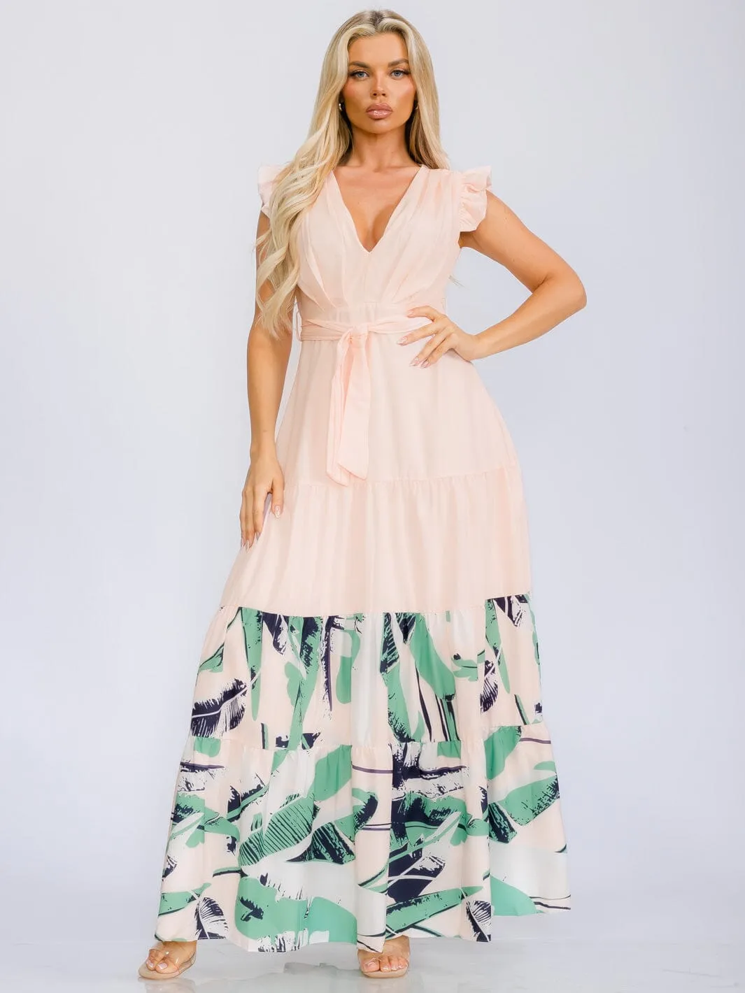 WOMEN'S RUFFLE SLEEVE V-NECK SELF TIE LEAF PRINT MAXI DRESS