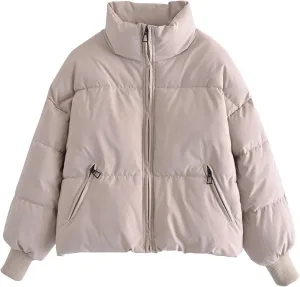 Womens Winter Cropped Puffer Jacket Baggy Lightweight Down Coats Zip Up Stand Collar Short Jackets Padded Outerwear