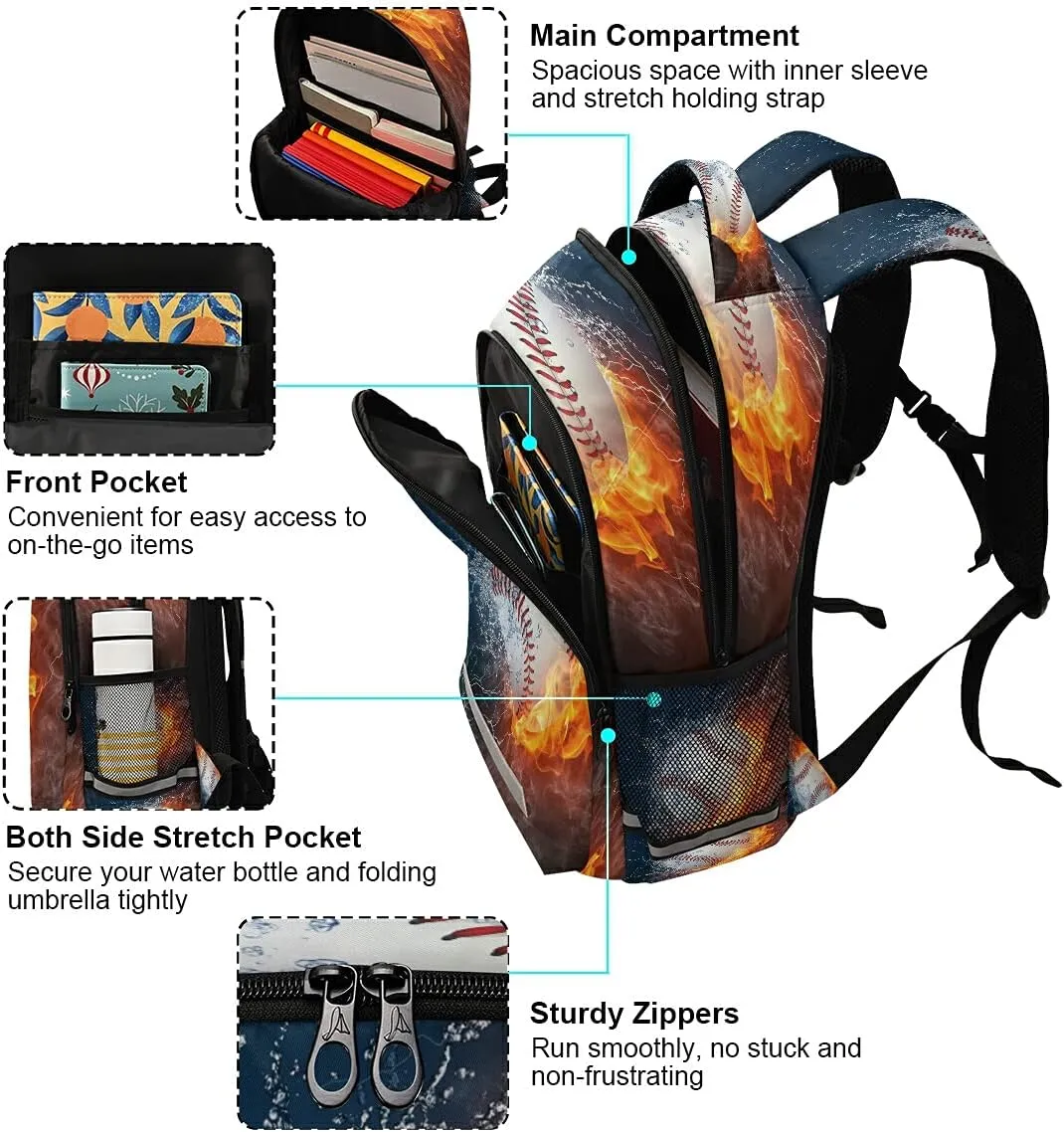 xigua Baseball Water Fire Printing Backpack Casual Daypacks- Lightweight School Bag