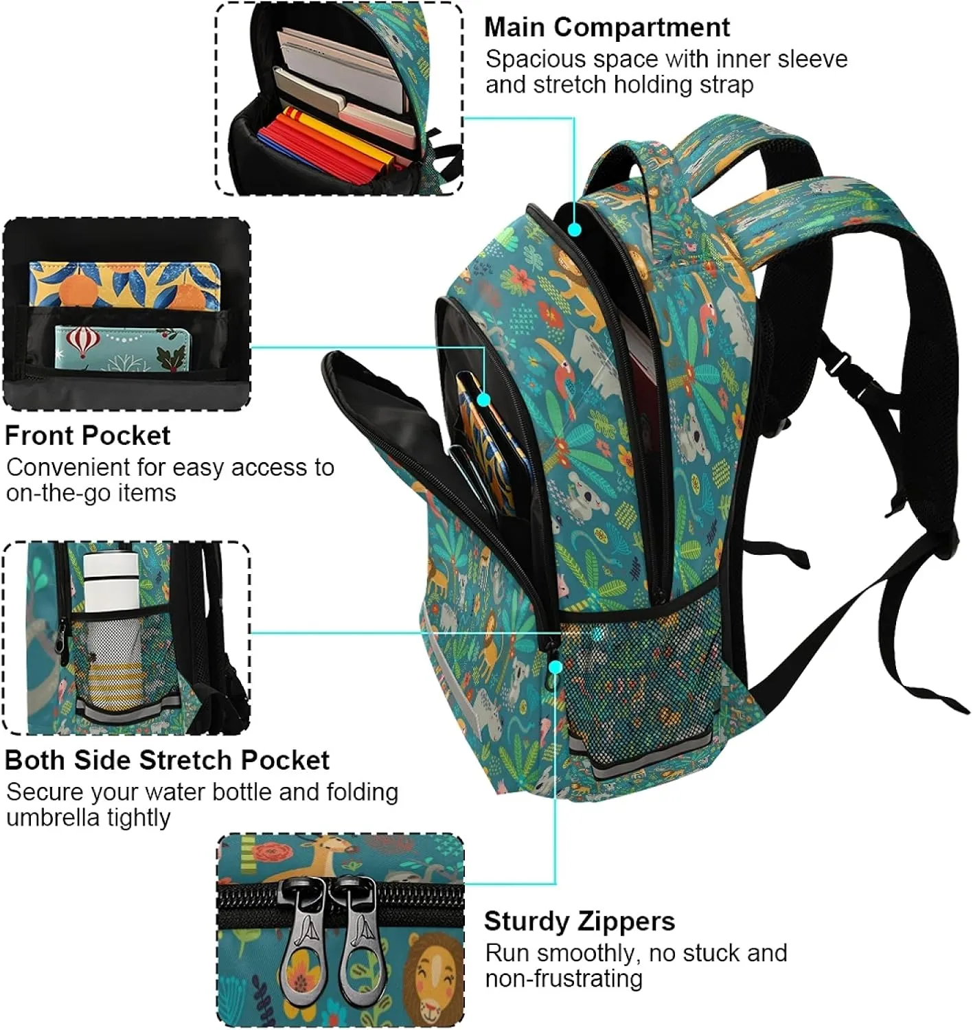 xigua Jungle Animals Print Backpack Casual Daypacks Outdoor Sports Rucksack School Shoulder Bag for Boys Girls Teens