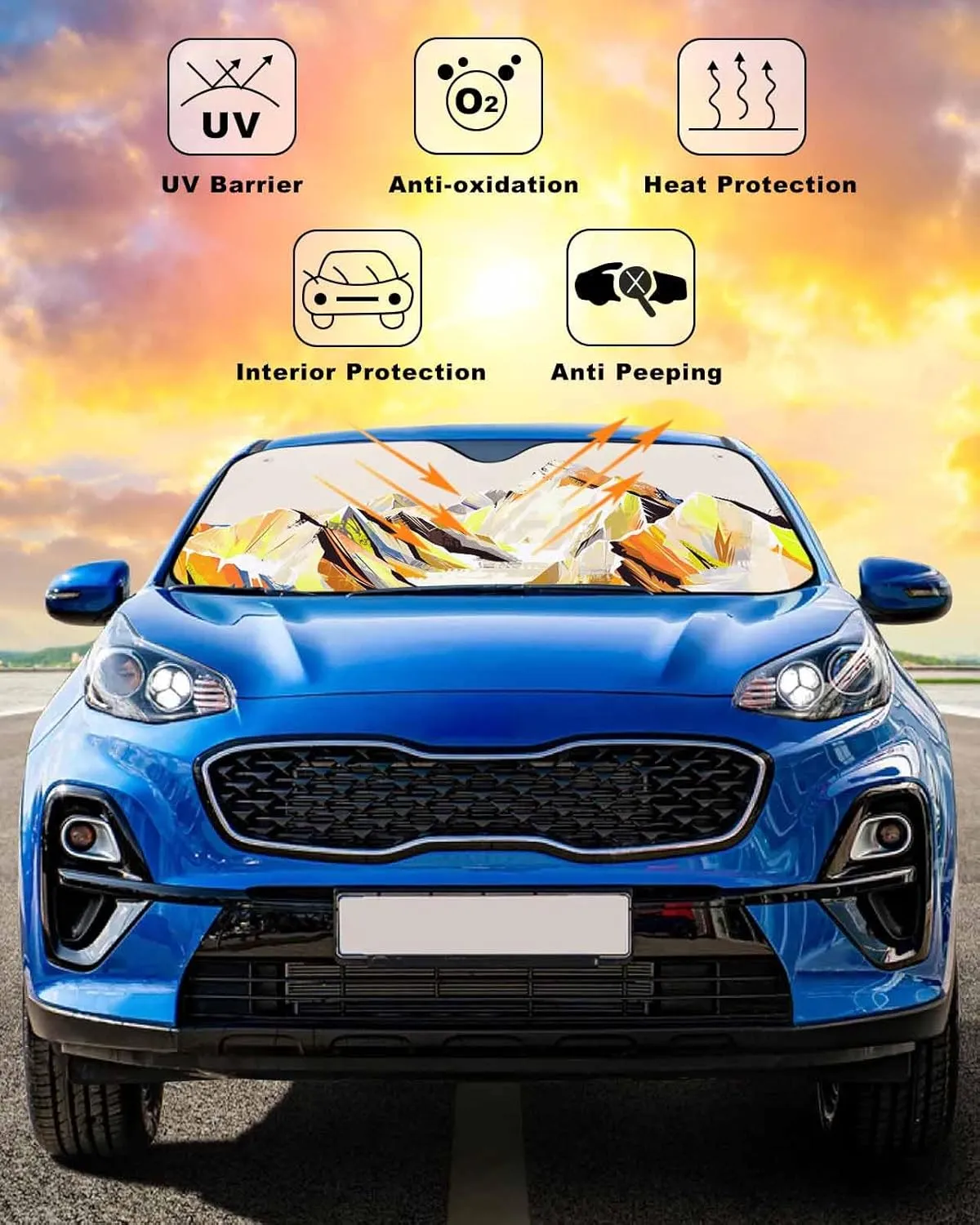Yellow Mountain Windshield Sun Shade for Car Truck & SUV,Small Outdoor Funny Truck FrontWindow Sunshade Auto Sun Visor Heat Protection Sunscreen Blocks UV,Abstract Multicolor Mountain Range Landscape