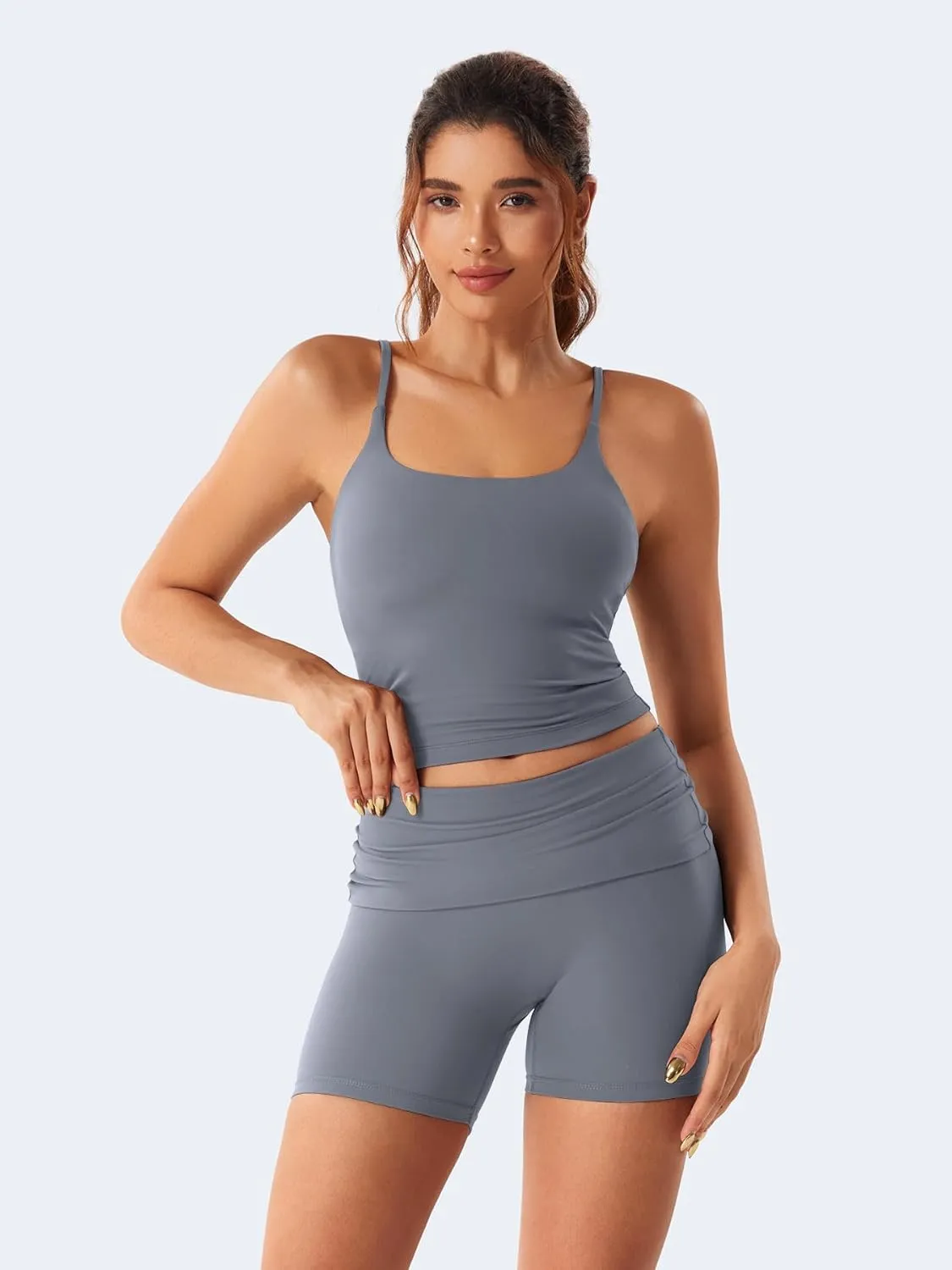 YEOREO Womens Foldover Workout Shorts High Waist 4.5" Fold Over Waist Band Romola Gym Yoga Running Shorts