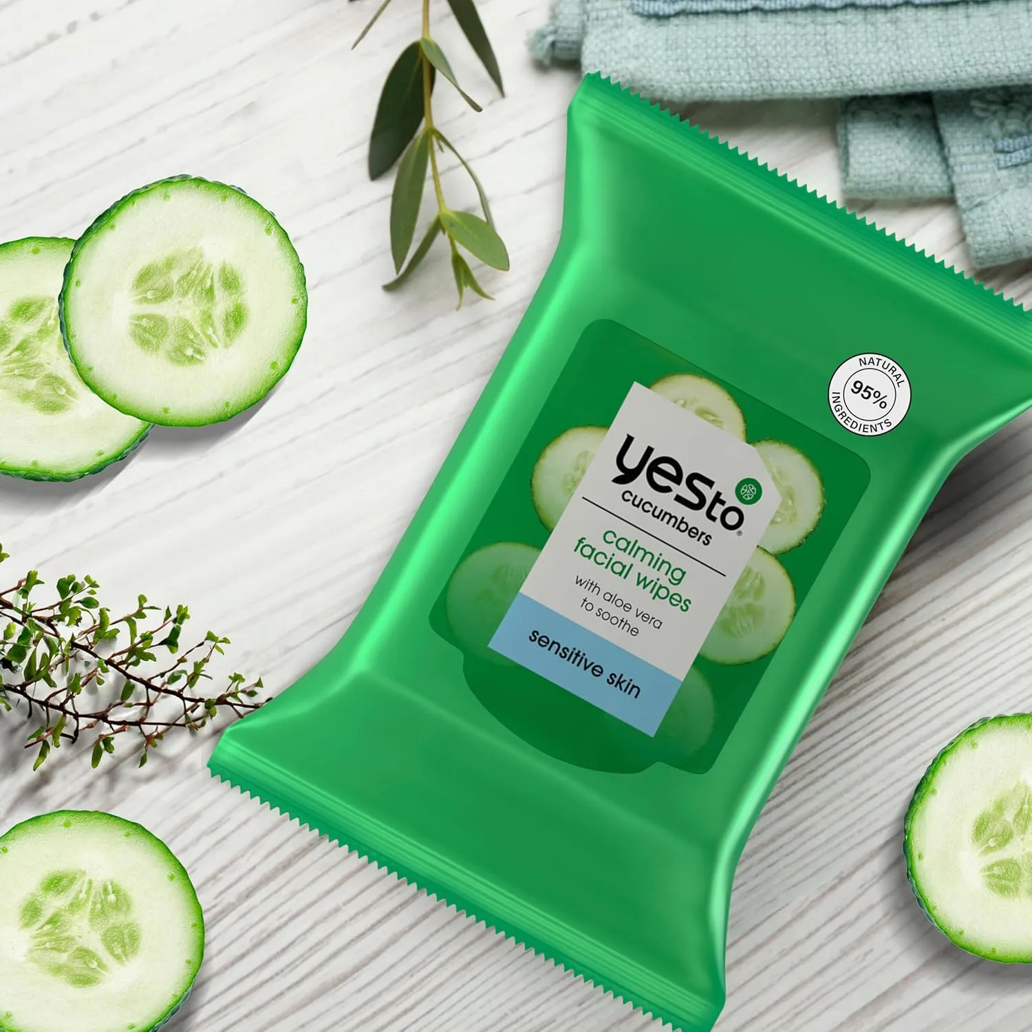 Yes To Face Wipes for Women and Men, Sensitive Facial Cleansing Wipes for use as a MakeUp Remover, Cleaning, Soothing, Cucumbers (Pack of 3)