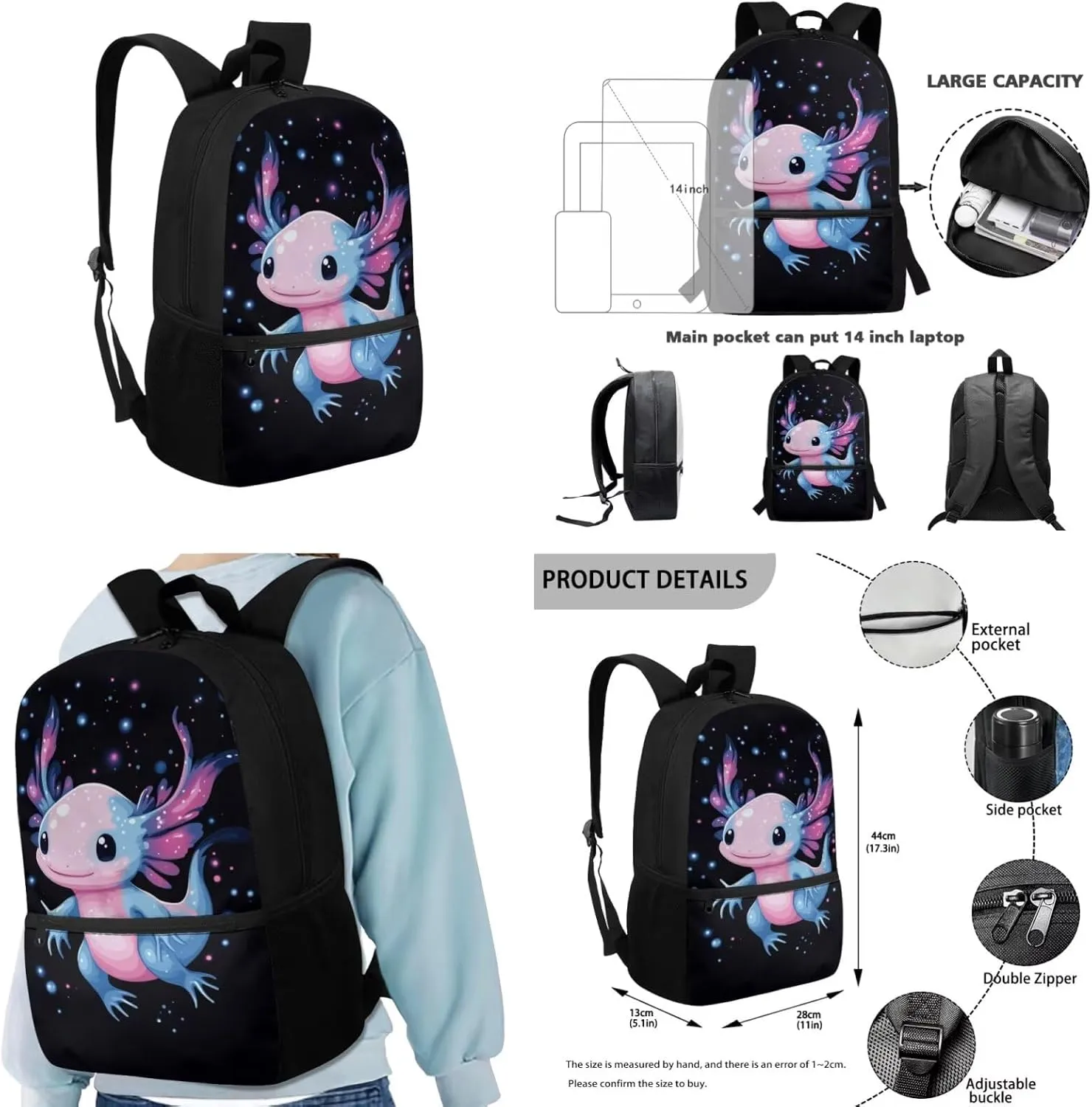 Ystardream Girl Kids Backpack with Lunch Box Blue Axolotl School Bags for Girls 7-10 Soft Cushion Shoulder Straps Rucksack Daypack with Pencil Case, Keychain 4 Piece Set School Supplies