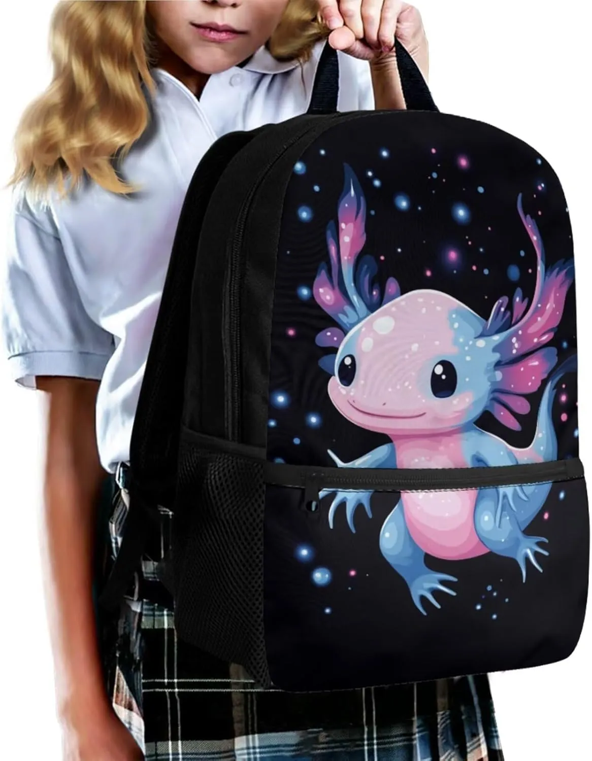 Ystardream Girl Kids Backpack with Lunch Box Blue Axolotl School Bags for Girls 7-10 Soft Cushion Shoulder Straps Rucksack Daypack with Pencil Case, Keychain 4 Piece Set School Supplies