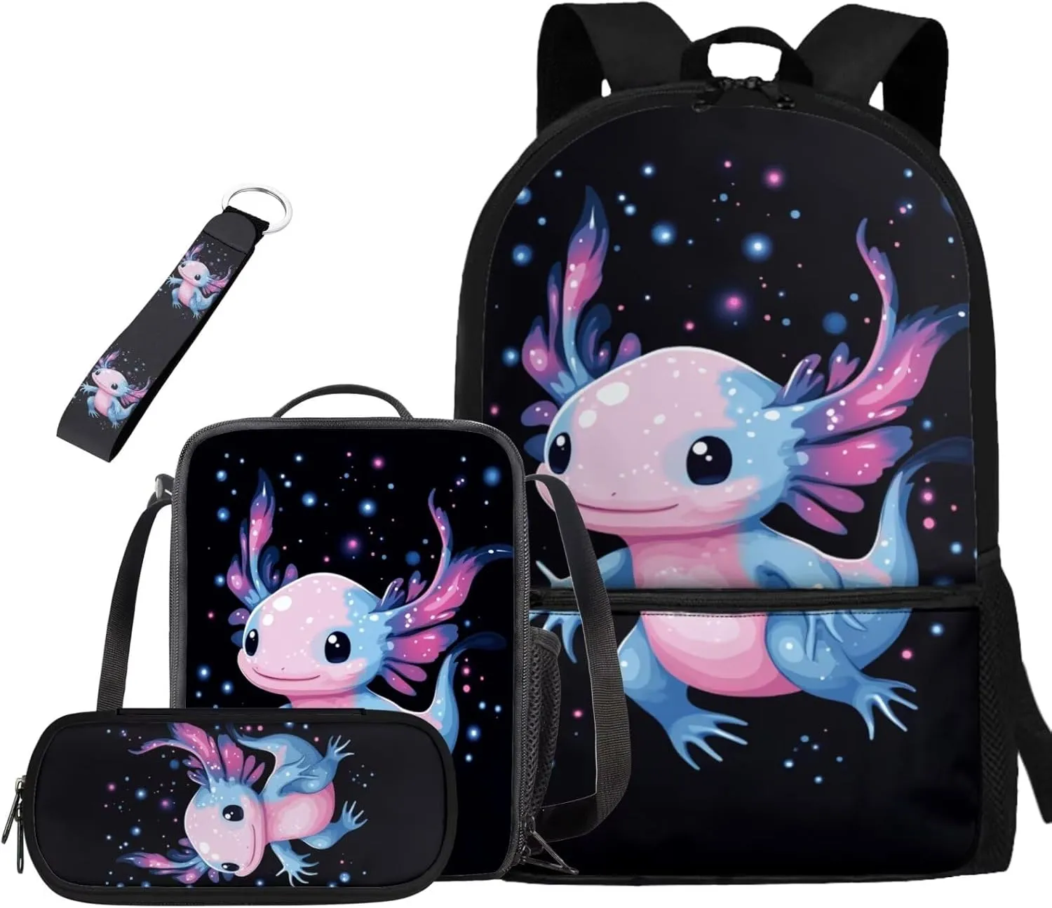 Ystardream Girl Kids Backpack with Lunch Box Blue Axolotl School Bags for Girls 7-10 Soft Cushion Shoulder Straps Rucksack Daypack with Pencil Case, Keychain 4 Piece Set School Supplies