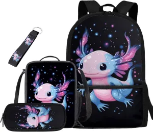 Ystardream Girl Kids Backpack with Lunch Box Blue Axolotl School Bags for Girls 7-10 Soft Cushion Shoulder Straps Rucksack Daypack with Pencil Case, Keychain 4 Piece Set School Supplies