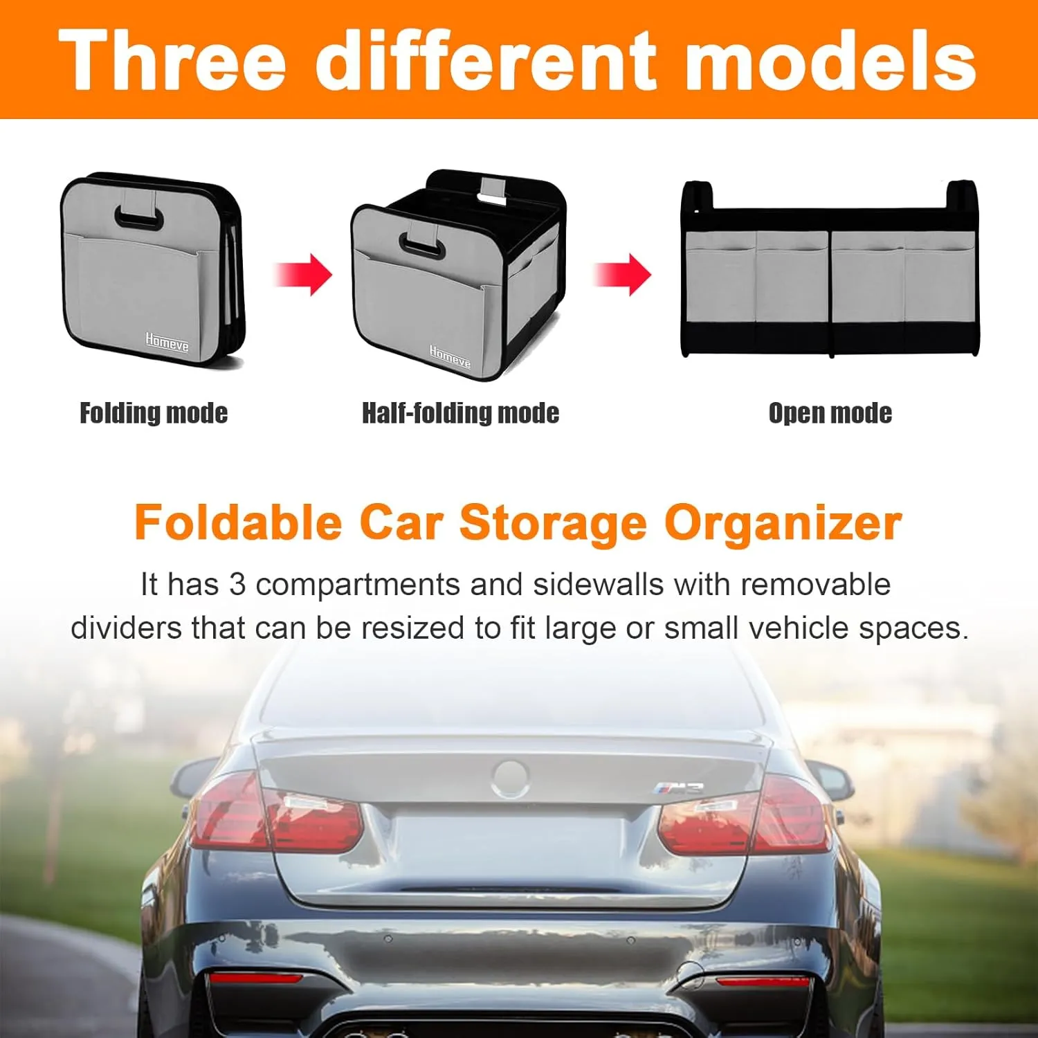 Ziciner Car Trunk Organizer, Collapsible Multi Compartment Car Organizer with Reinforced Handles, Foldable & Waterproof Oxford Polyester Car Storage Organizer, Universal Car Accessories (Gray)