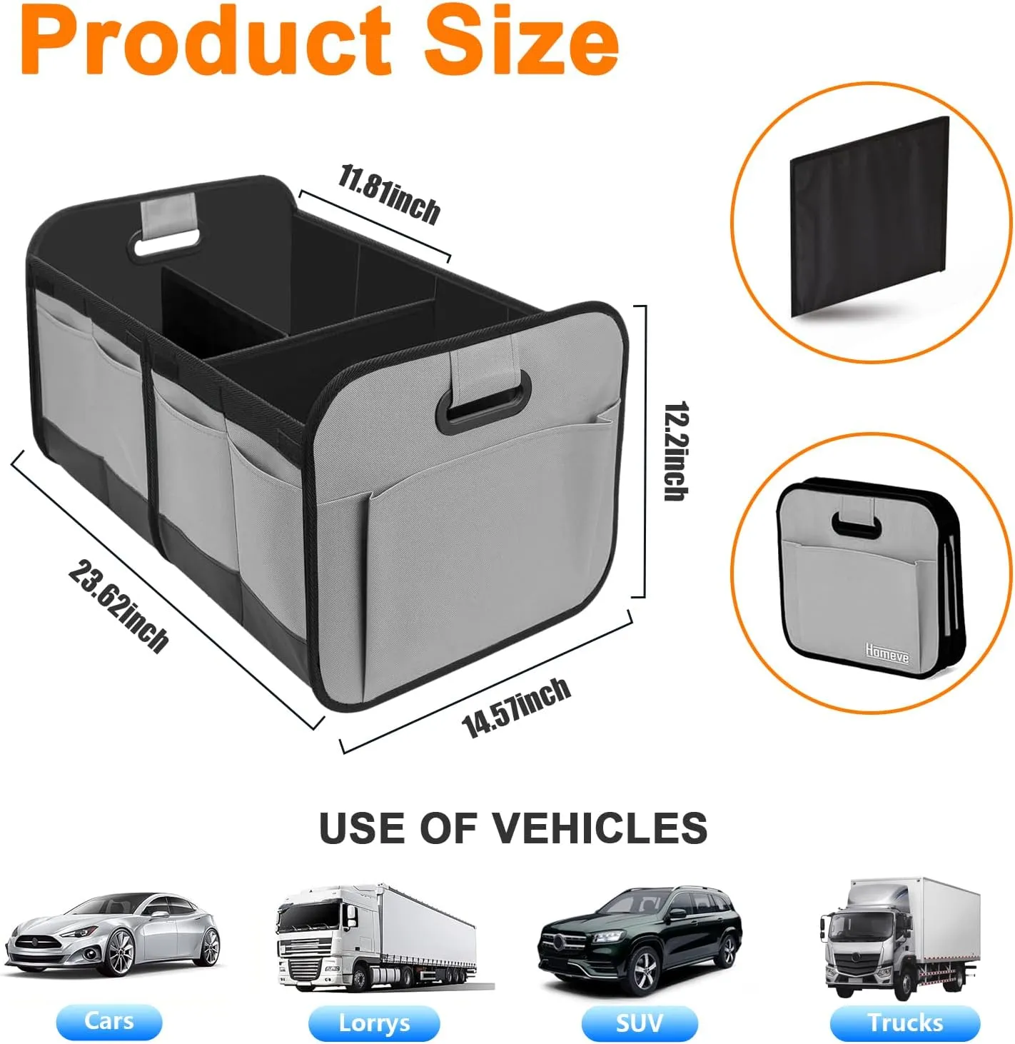 Ziciner Car Trunk Organizer, Collapsible Multi Compartment Car Organizer with Reinforced Handles, Foldable & Waterproof Oxford Polyester Car Storage Organizer, Universal Car Accessories (Gray)