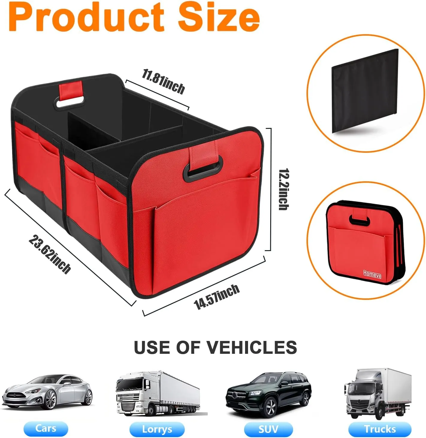 Ziciner Collapsible Multi Compartment Car Organizer with Reinforced Handles, Foldable & Waterproof Oxford Polyester Car Storage, Universal Accessory (Red)