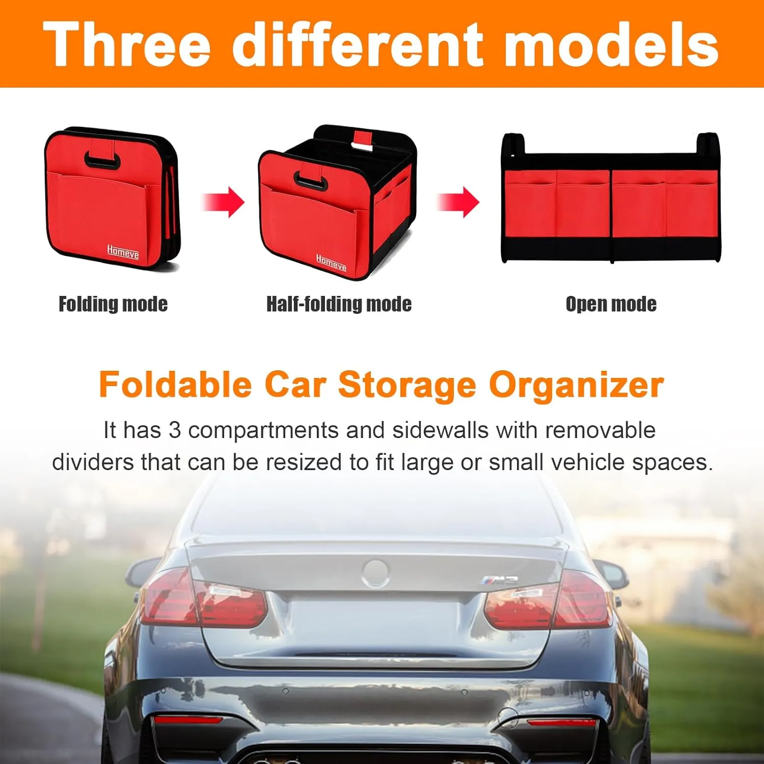 Ziciner Collapsible Multi Compartment Car Organizer with Reinforced Handles, Foldable & Waterproof Oxford Polyester Car Storage, Universal Accessory (Red)