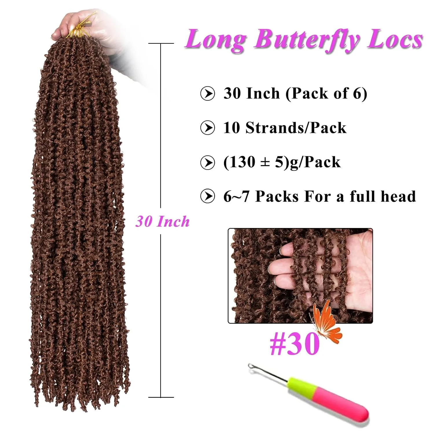 ZRQ 30 Inch Brown Butterfly Locs Crochet Hair 6 Packs Pre-Looped Long Distressed Butterfly Faux Locs Hair Synthetic Soft Locs Hair Goddess Locs Crochet Braiding Hair Extensions (30 Inch, 30#）