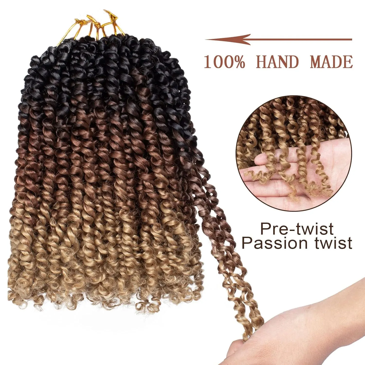 ZRQ Short Passion Twist With Bohemian Hair 10 Inch 8 Packs Ombre Brown Pre-twisted Crochet Passion Twists Synthetic Braiding Hair Curly Ends Braids Twist Hair for Black Women 12 Roots/Pack 1b3027#