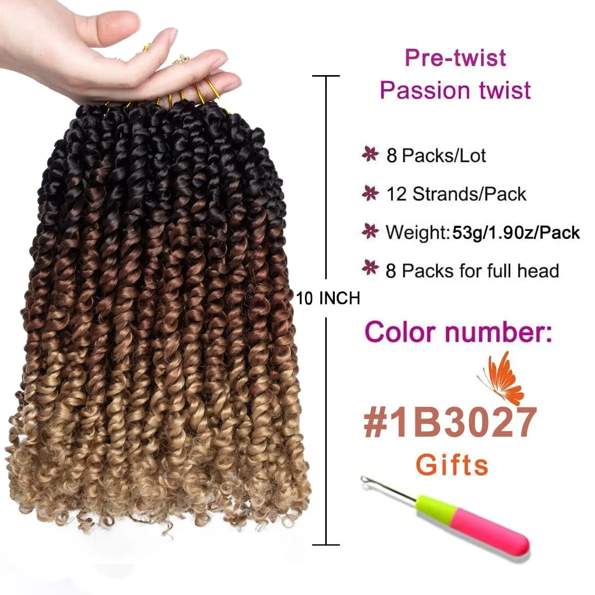 ZRQ Short Passion Twist With Bohemian Hair 10 Inch 8 Packs Ombre Brown Pre-twisted Crochet Passion Twists Synthetic Braiding Hair Curly Ends Braids Twist Hair for Black Women 12 Roots/Pack 1b3027#