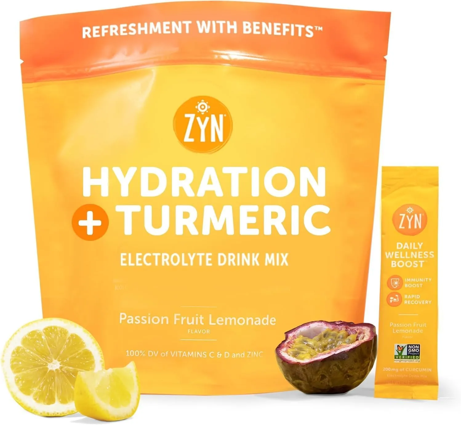 ZYN Electrolytes Powder Hydration Packets with Vitamins, Zinc & Turmeric Curcumin for Gut Health, Immune Support, Low Sugar Electrolyte Drink Mix Packets with Piperine, Passion Fruit Lemonade, 16 Pack